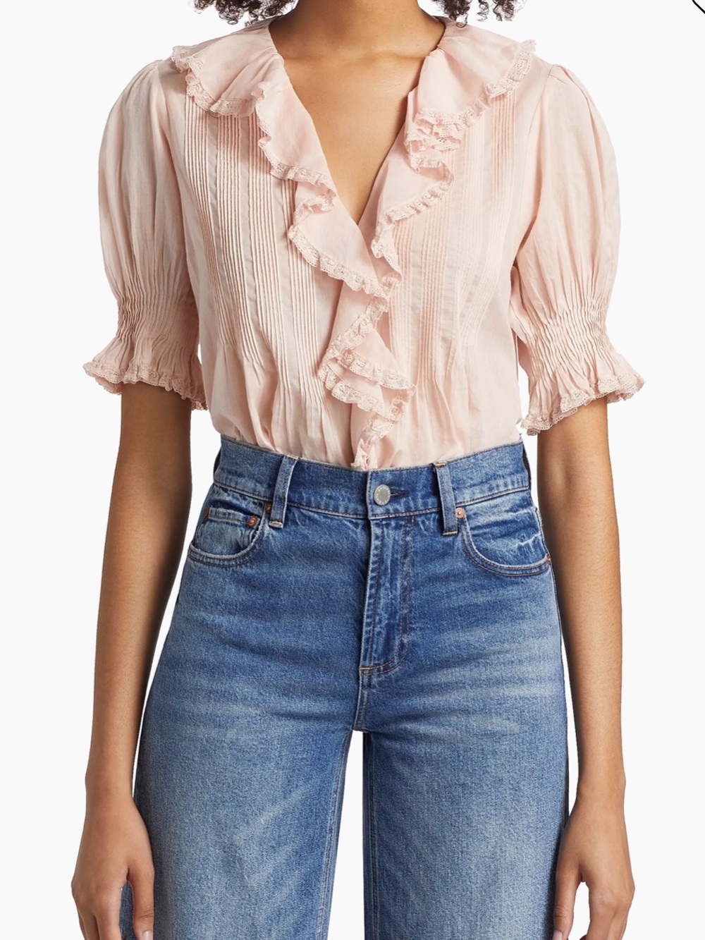 Doen Blush Pink Ruffled Pintuck V-Neck Blouse
